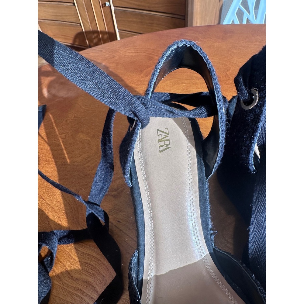 Zara Black Espadrille Wedge Sandals Lace Up Ankle Tie Woven Jute Heels 38 - Picture 6 of 7